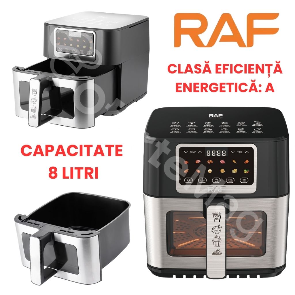 Air Fryer RAF, 1700W, Capacitate 8 Litri, 12 Programe Automate de Gătire, Suprafață antiaderentă de gătire