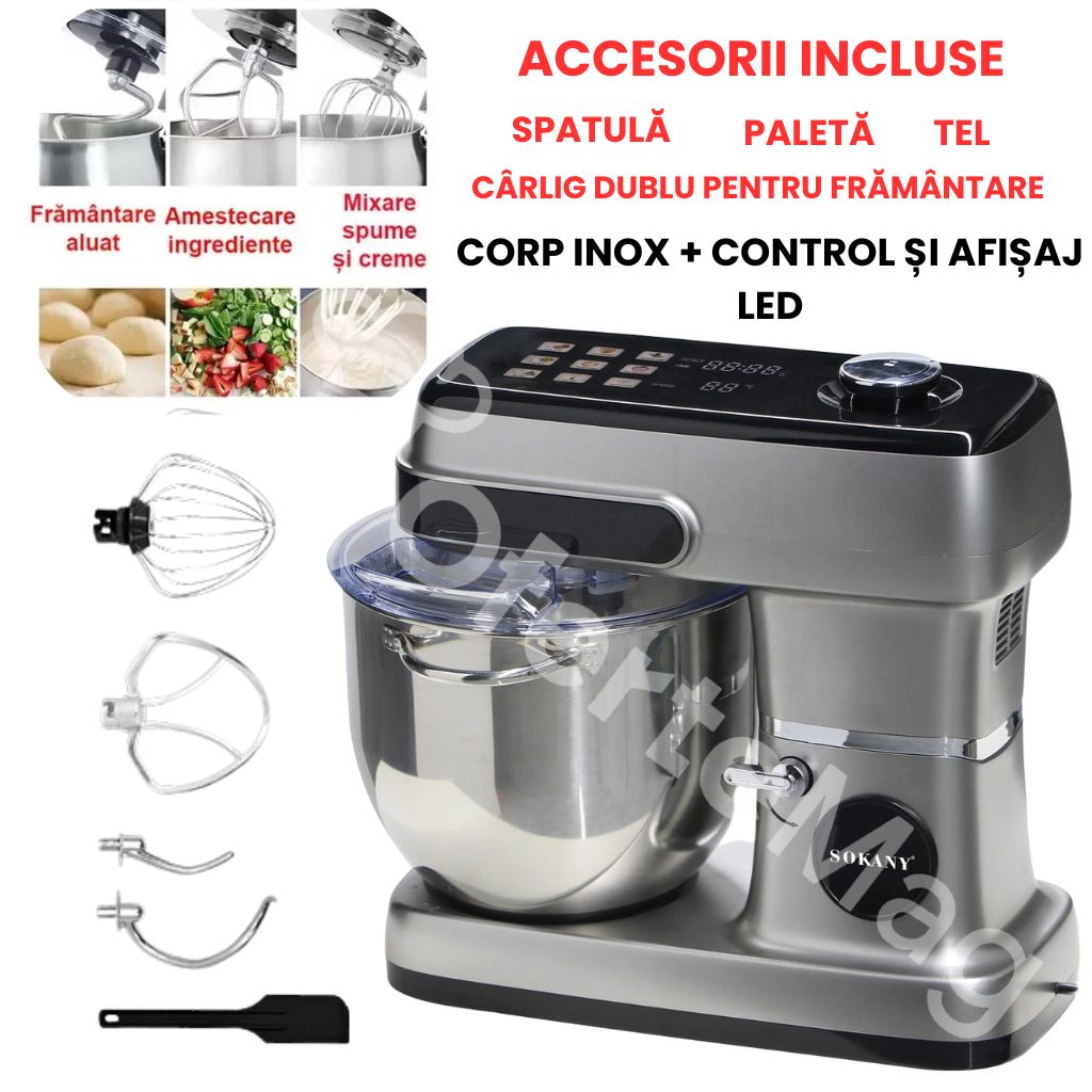 Mixer profesional SOKANY, Putere 2200W, Capacitate 12 Litri, 12 Trepte de viteză, Carcasă premium din inox, Control Touch-Screen