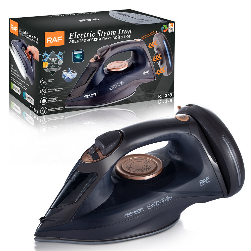 Fier de Călcat RAF, 2200W, Utilizare Duală cu/fără cablu, Funcții Avansate de Abur, Anti-calcar, Auto-Curățare, Talpă Ceramică Antiaderentă si Rezistenta la Zgarieturi