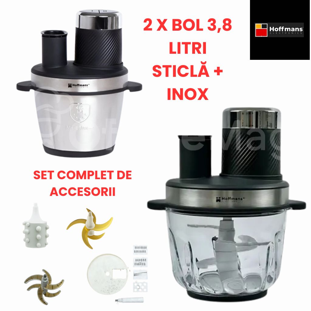 Set Tocător Multifuncțional 1800W, Bol Inox + Bol Sticlă