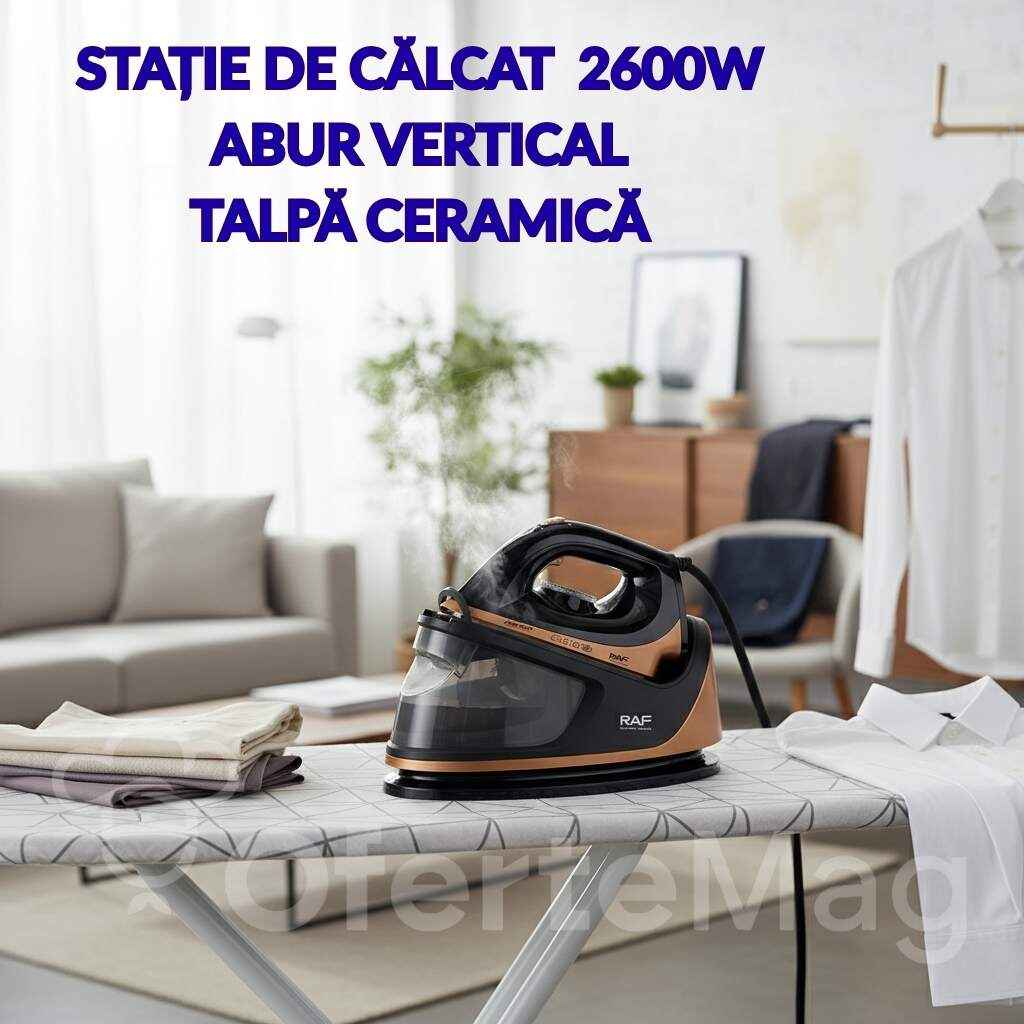 Stație de călcat cu abur, 2600W, debit abur 40g/min, control termostat, sistem anti-drip, abur vertical, talpă antiaderentă, rezervor 1,1 Litri, performanță profesională pentru călcare rapidă și eficientă