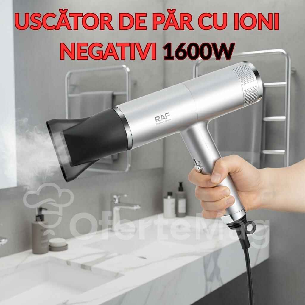 Uscător de păr cu ioni negativi RAF, 1600W, funcție de aer rece, 2 viteze, cap magnetic, protecție la supraîncălzire, design ergonomic argintiu premium