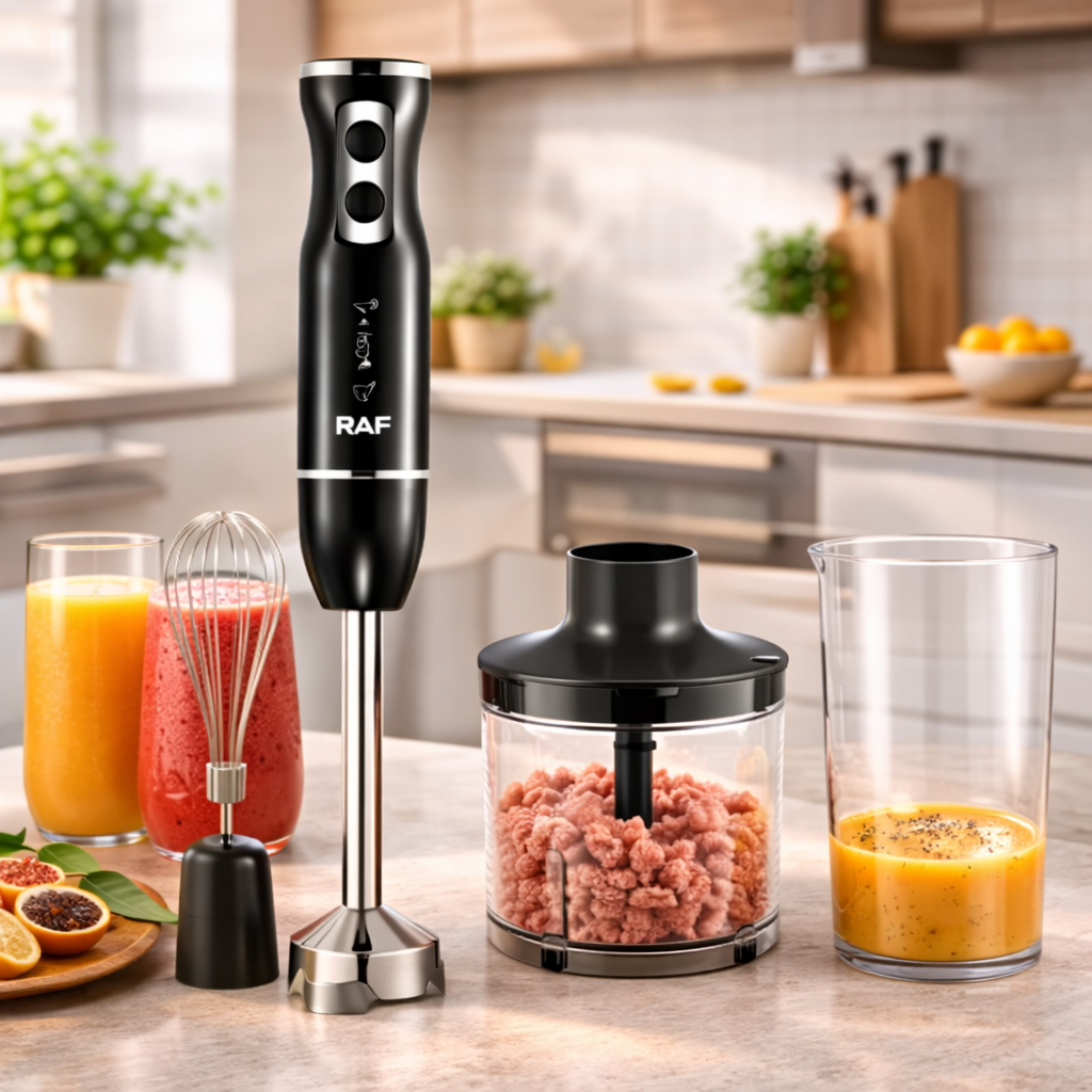 Set blender multifuncțional 4 în 1 cu tocător, mixer, blender și tel, Putere 1600W, 2 viteze, lame inox, bol 500ml, recipient 600ml, compact și ușor de utilizat
