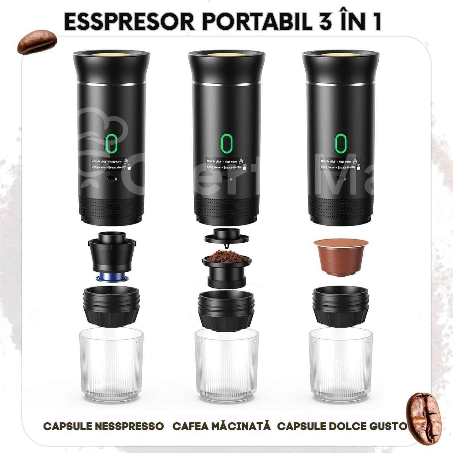 Espressor Portabil 3-în-1 cu Încălzire 92°C, 20 Bari, Baterie 7500 mAh USB-C, Compatibil Cafea Măcinată, Capsule Nespresso și Dolce Gusto, Putere 72W, Capacitate 120 ml