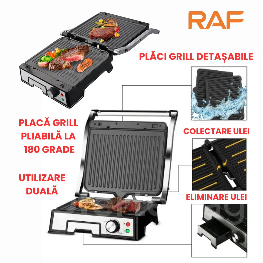 Grătar Electric Multifuncțional RAF, 2000W, Plăci grill detașabile, Pliabil la 180°, Strat Antiaderent
