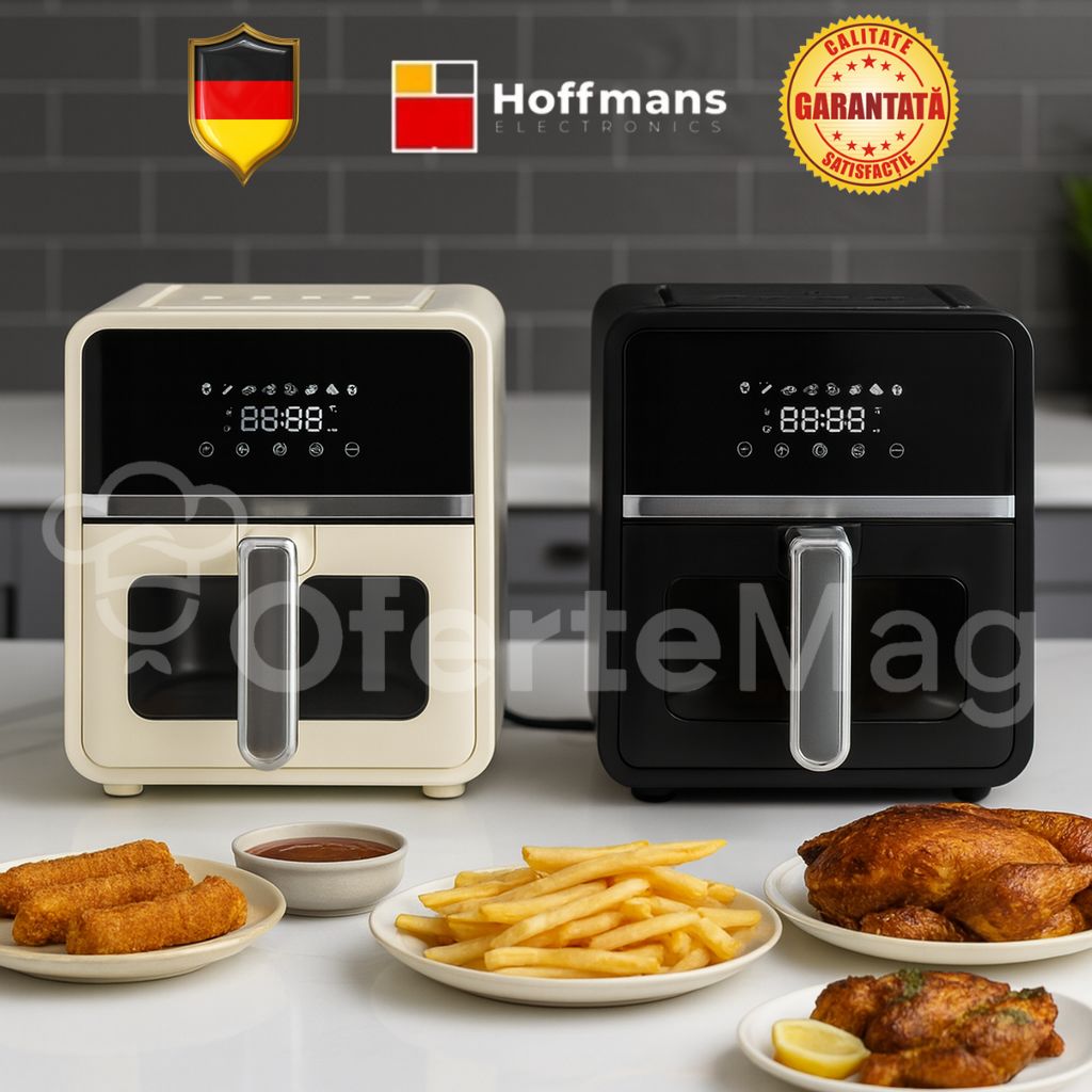 Air Fryer Hoffmans, Putere 2000W, Control și Afișaj Digital, 6.5L Capacitate, Programe Automate de Gătire, Temperatură Ajustabilă