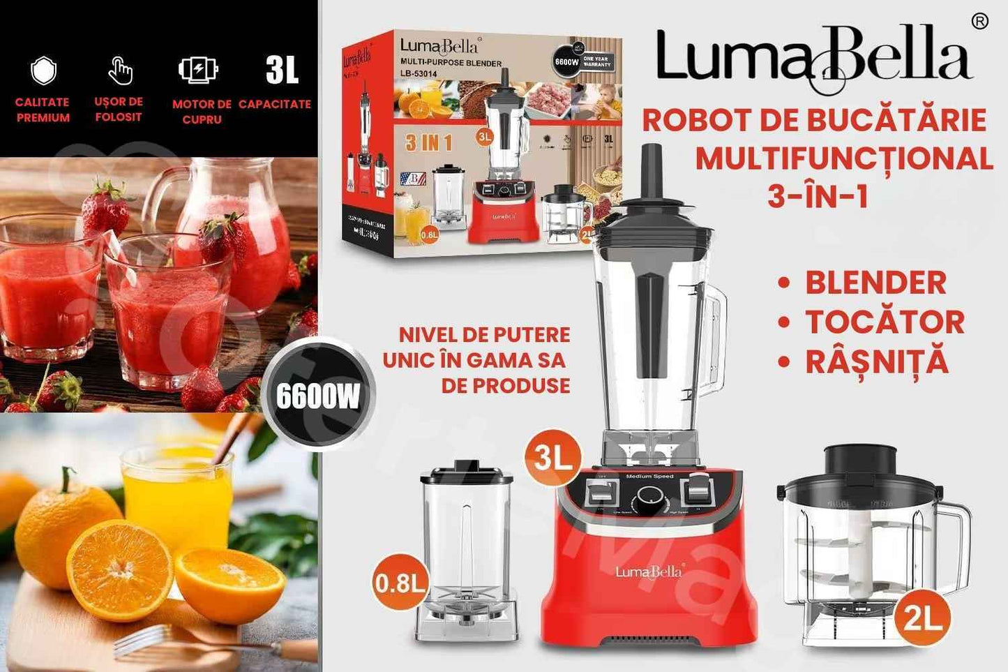 Robot de Bucătărie Multifuncțional 3-în-1 Luma Bella, Blender, Tocător, Aparat de Măcinat, 3 Boluri incluse - 3L, 2L, 0.8L