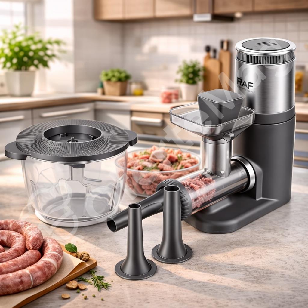 Set mașină de tocat carne + tocător 3L din sticlă groasă, 500W, 4 lame inox, accesorii cârnați și chiftele, capacitate 2kg/min, 2 în 1 multifuncțional pentru bucătărie