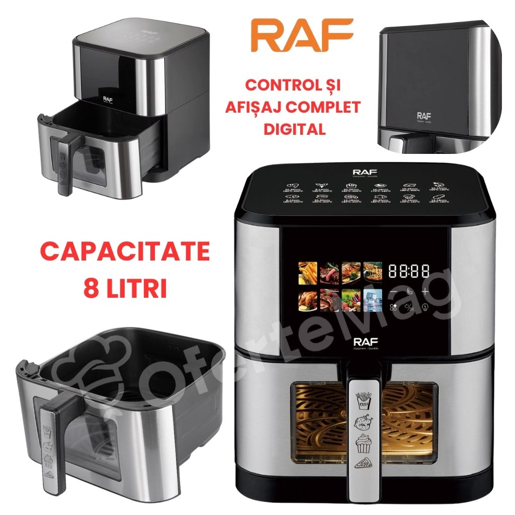 Air Fryer RAF, 1800W, Capacitate 8 Litri, Programe Automate de Gătire, Suprafață antiaderentă de gătire, Clasă energetică A